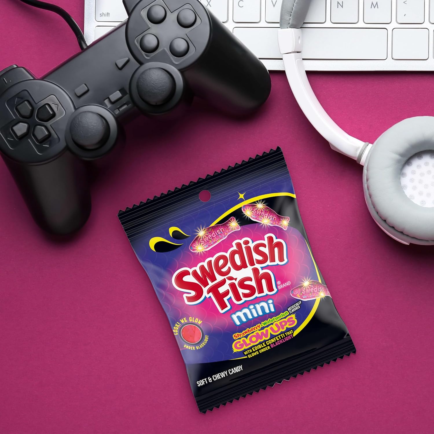 SWEDISH FISH Mini Glow Ups Gummy Candy – Festival and Concert Snack, Shareable Glow Treats in 12 Portable 3.08 oz Bags