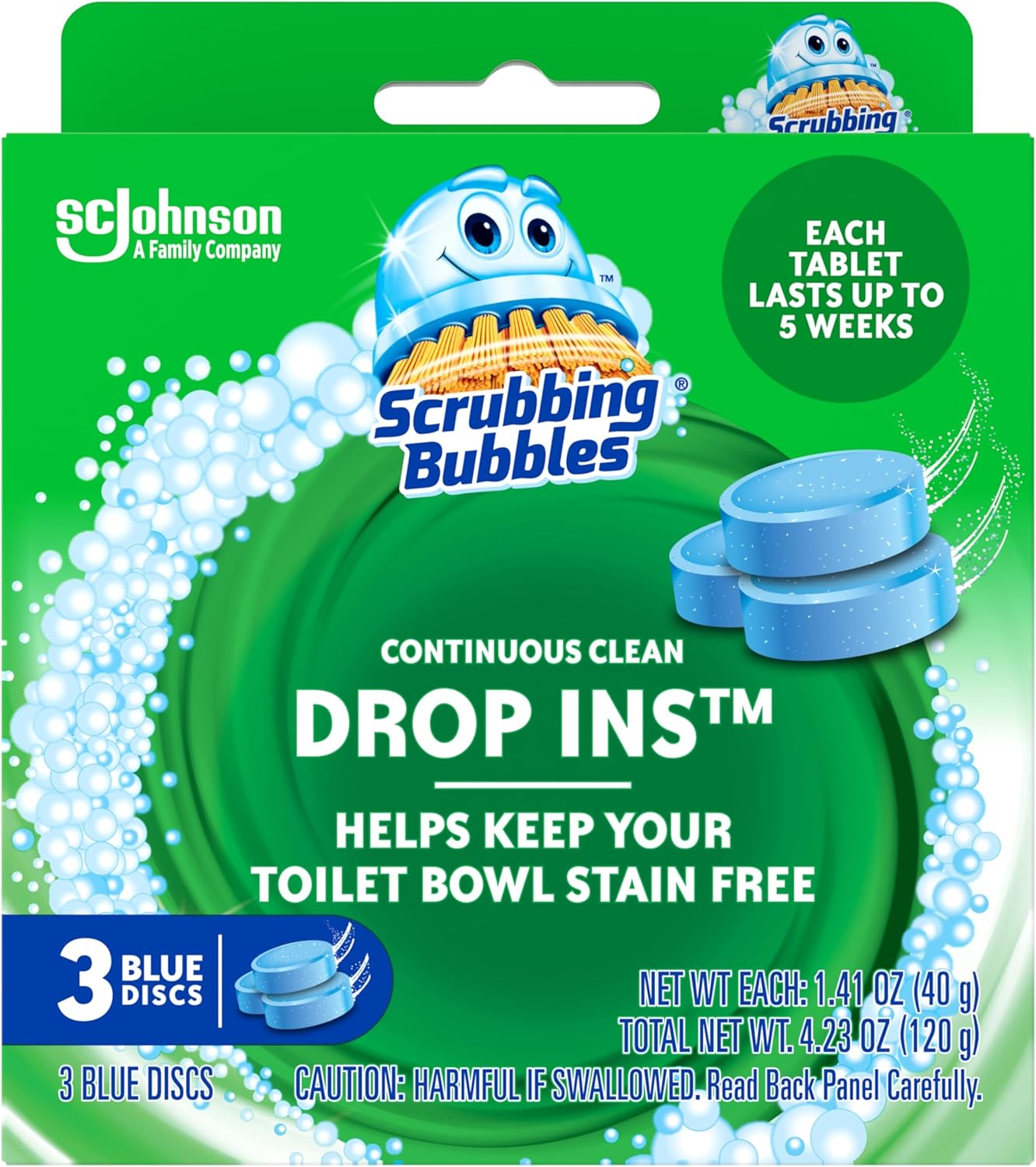 tank-drop tablet form factor — simply drop into toilet tank, no scrubbing needed