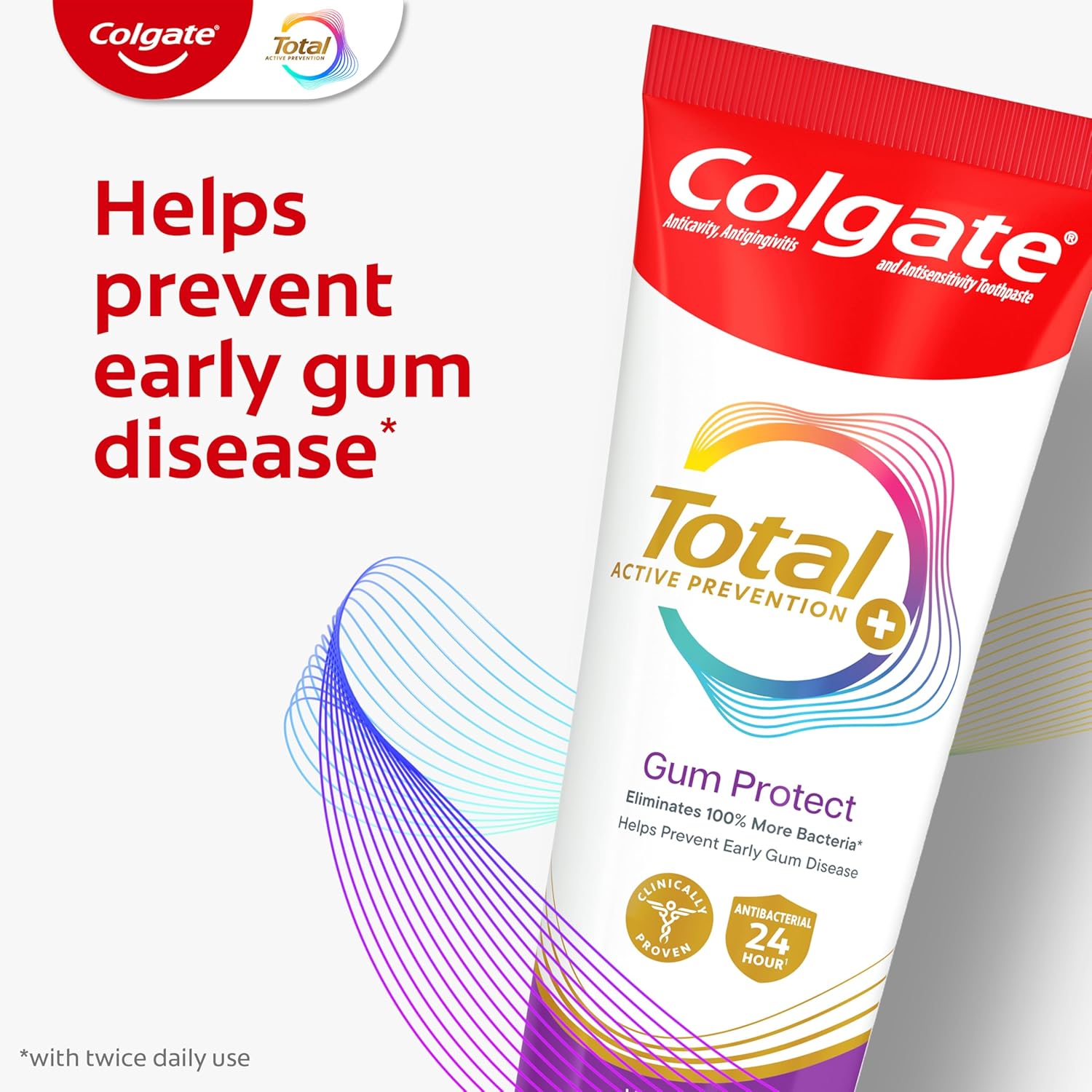 targets 5 signs of early gum disease: inflammation, redness, bleeding, irritation, and sensitivity