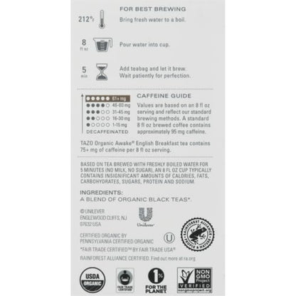 Tazo Organic Awake English Breakfast Black Tea – High Caffeine Morning Brew for Home Office Focus