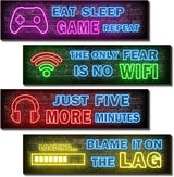 4 Pcs Printed Neon Gaming Posters – Statement Wall Decor for Game Room and Living Room, Vertical Wood Signs