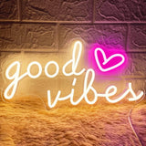 Good Vibes Neon Sign – Romantic Valentine's Day Gift for Girlfriend, Pink Heart LED Wall Decor for Home