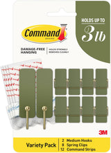 Command Minimalist Hook Pack in Sage, 10 Adhesive Hooks and Clips for Clutter Free Holiday Wall Styling