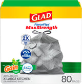 Glad ForceFlex MaxStrength XL 20 Gal Trash Bags, Reinforced RipGuard Liners to Prevent Mid-Carry Blowouts in Busy Homes, 80 Ct
