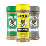 Dan-O's Outdoor Cooking Trio – Tailgate and Patio Seasoning Set, Lemon Pepper, Original and Preem-O in Pocket-Sized Bottles