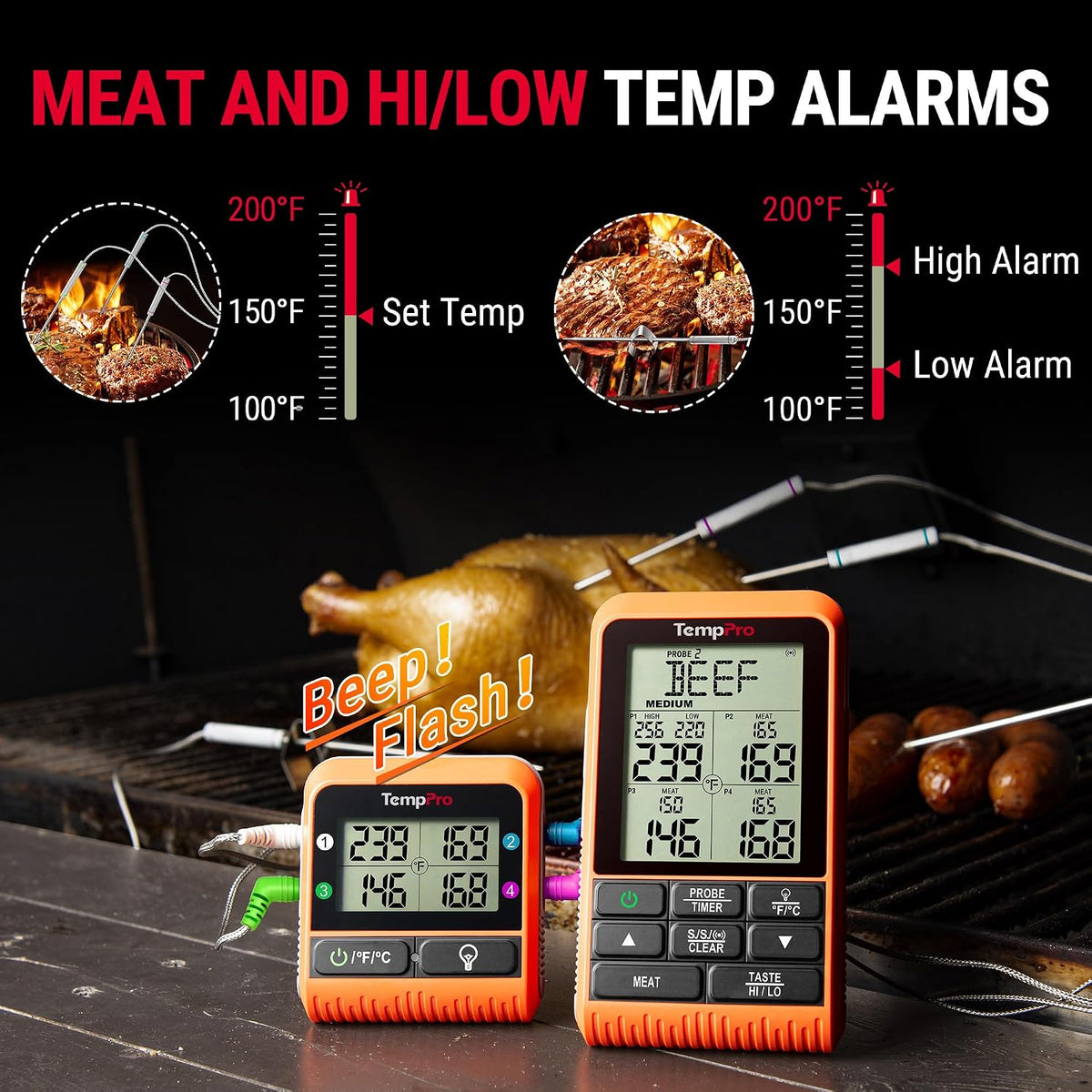 TempPro TempSync 1000FT Wireless Meat Thermometer – Overnight Cook Monitor That Won't Disturb Your Sleep