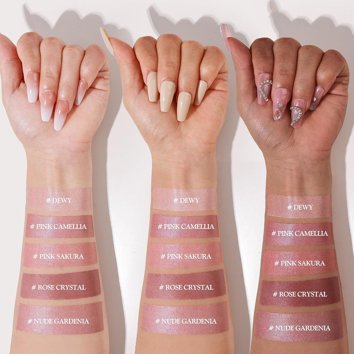 ten shade variants ranging from warm pink and peach to beige and dusty rose, with select bundles including an applicator brush