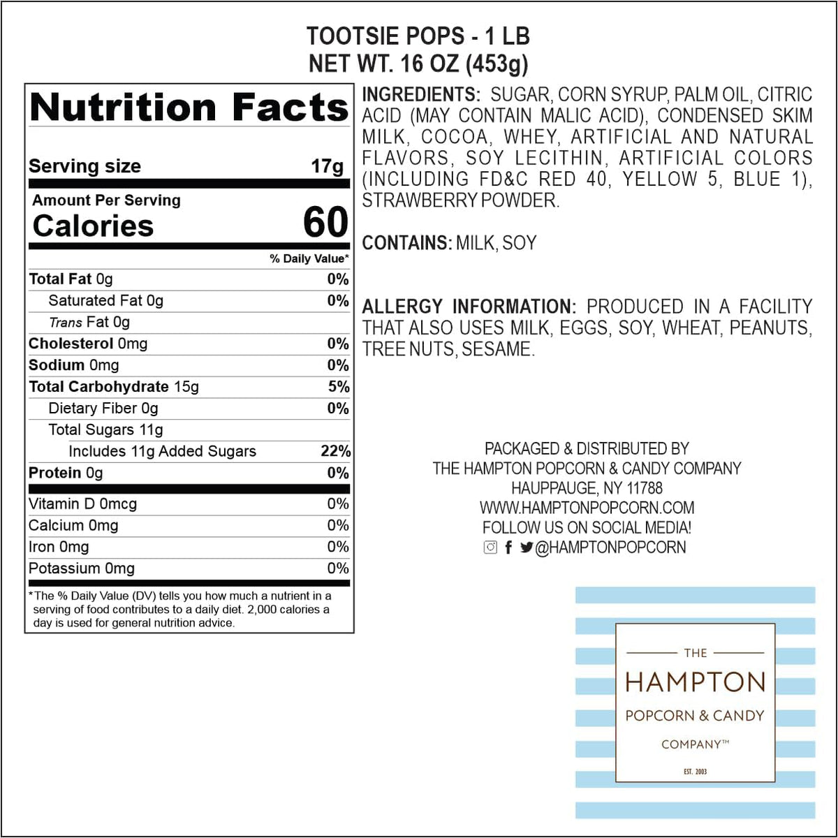 The Hampton Popcorn & Candy Company Individually Wrapped Roll Pops with Chocolate Center – Travel-Friendly Festival Booth Candy, 5lb Bulk