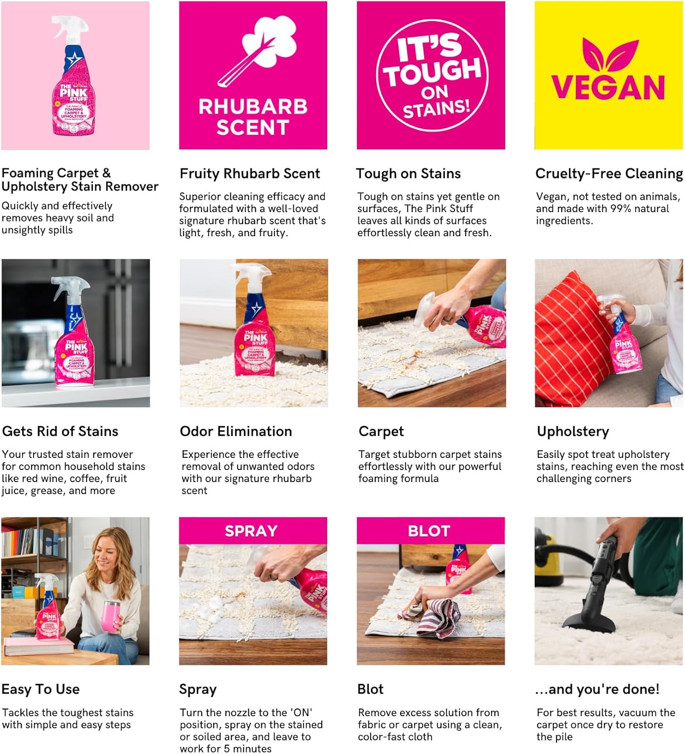 The Pink Stuff Miracle Foaming Carpet & Upholstery Stain Remover for a Calmer Home, Rhubarb-Scented Odor-Neutralizing Foam
