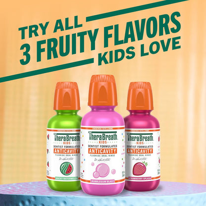 TheraBreath Kids Non Toxic Fluoride Oral Rinse Bubblegum Blast – Worry Free Daily Mouthwash for Children Ages 6+ in Shared Family Bathrooms, 16 fl oz, 2-Pack