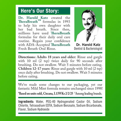 TheraBreath Non-Burning Oral Rinse Gentle Enough for Post-Dental Recovery, Mild Mint 1 Liter