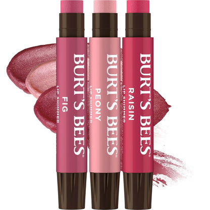 three 0.09 oz tinted lip shimmer sticks available in nude or pink collection variants