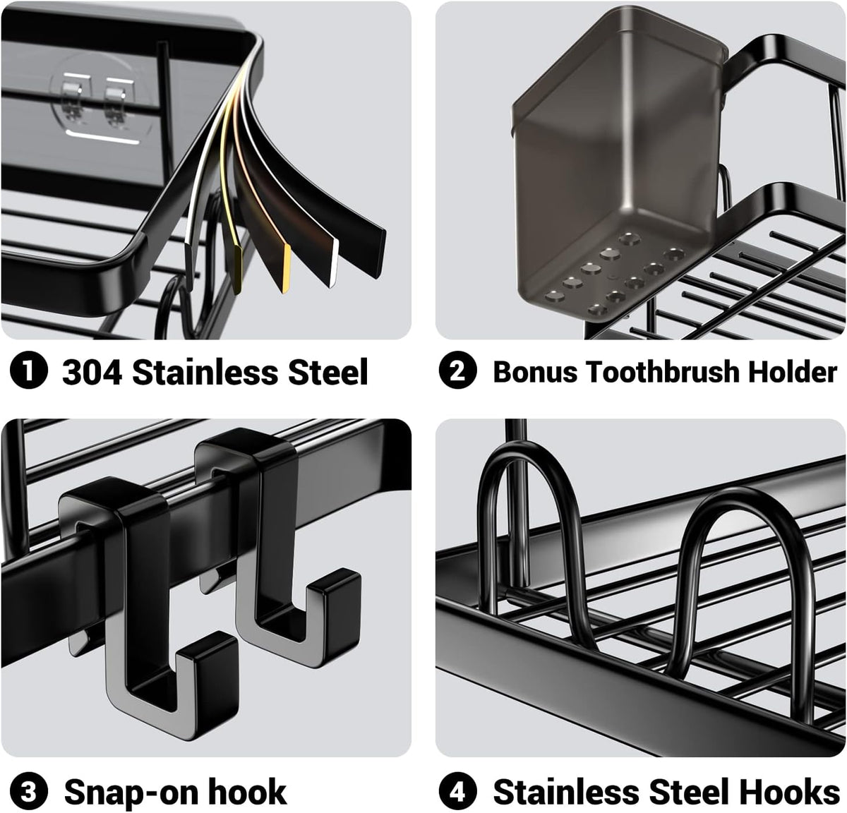 three compartments plus integrated hooks and a dedicated toothpaste holder