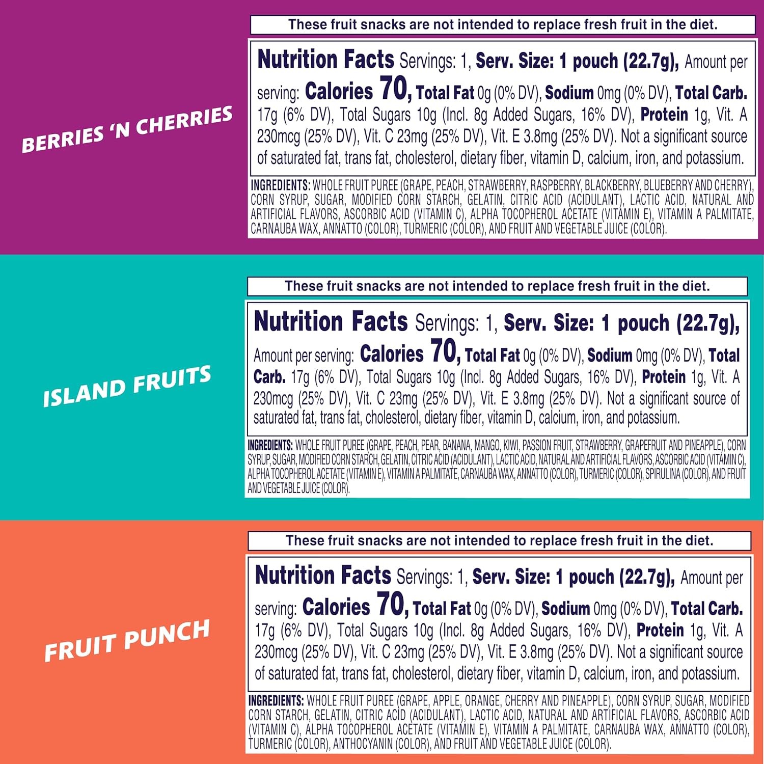 three flavor varieties included: fruit punch, island fruits, and berries 'n cherries