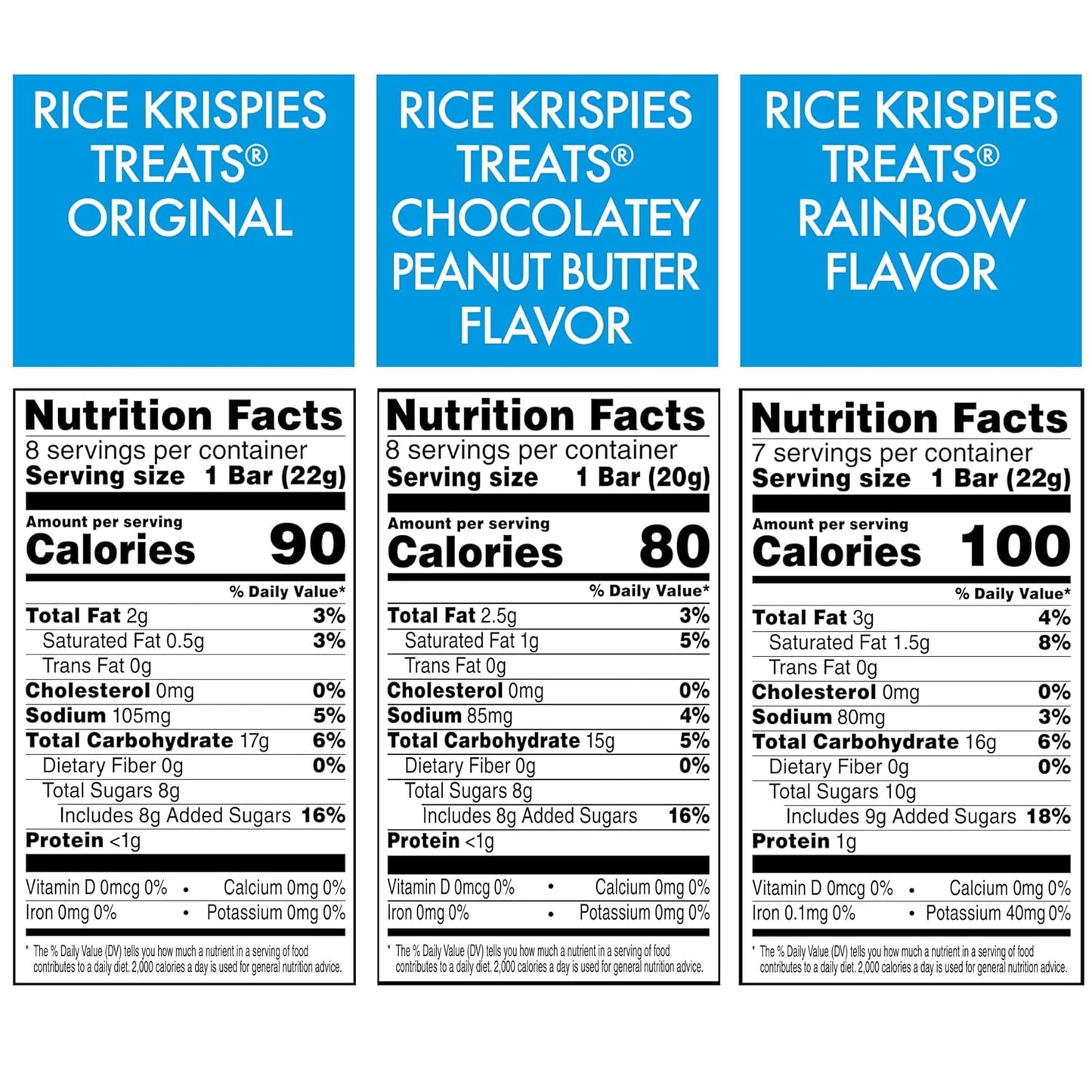 three flavor varieties included: original, rainbow, and chocolatey peanut butter