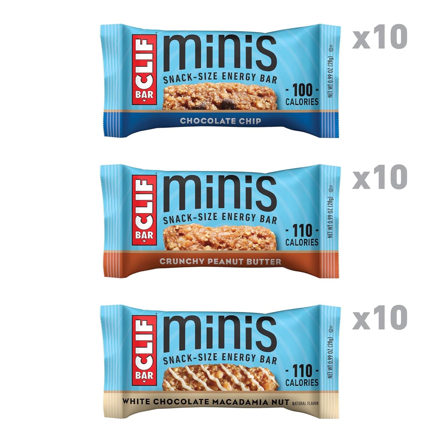 three flavor variety: chocolate chip, crunchy peanut butter, white chocolate macadamia nut