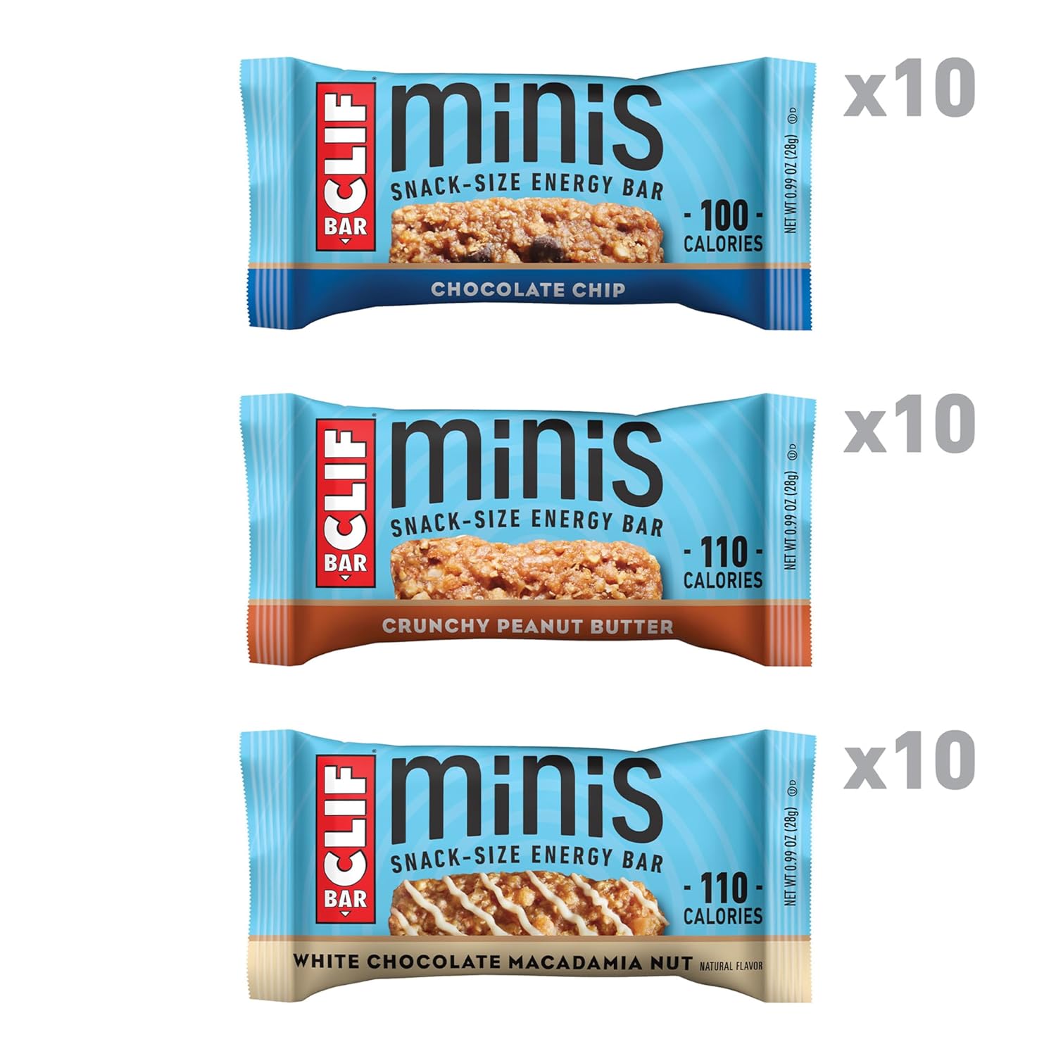 three flavor variety: chocolate chip, crunchy peanut butter, white chocolate macadamia nut