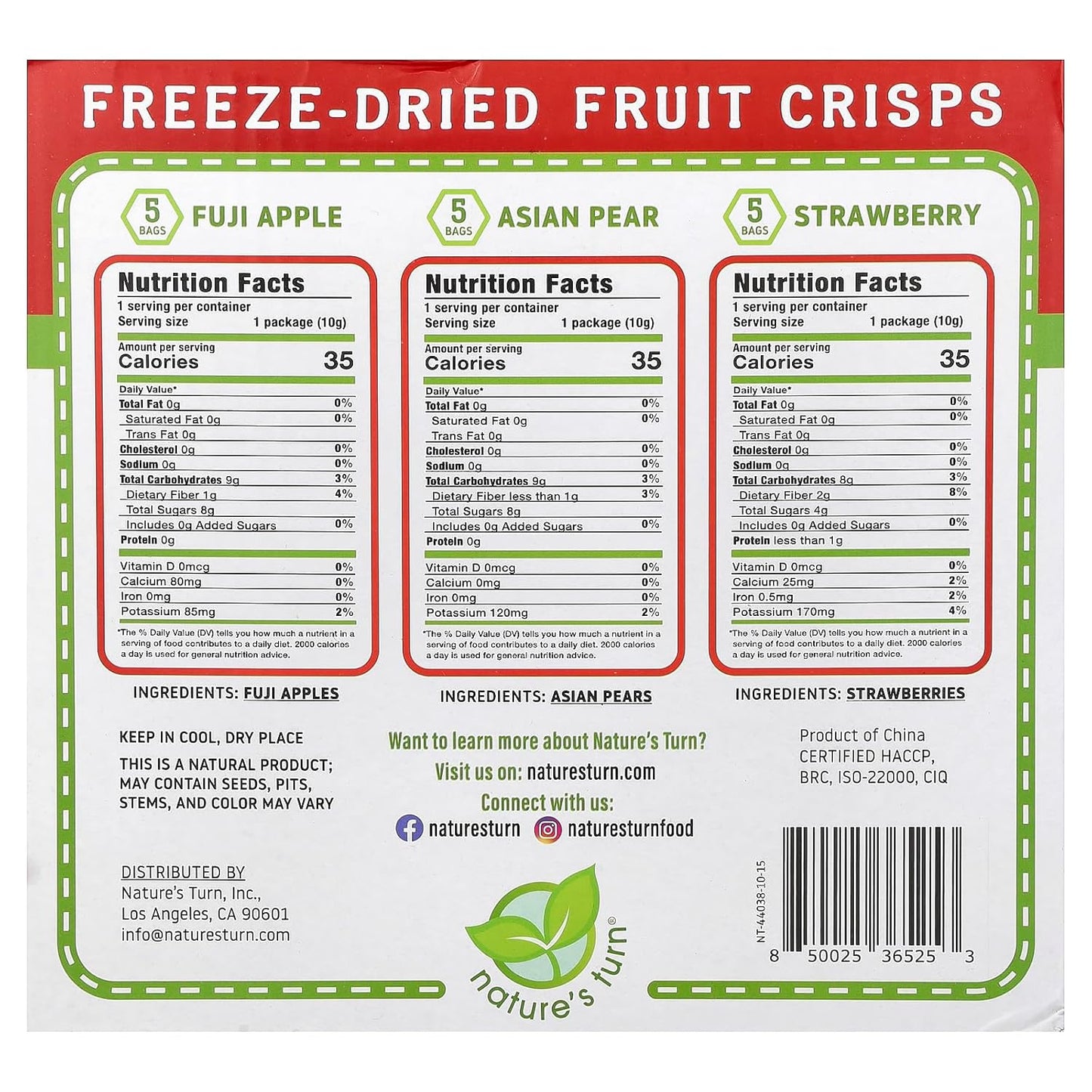 three flavors in the variety pack: strawberry, apple, and pear (5 bags each)