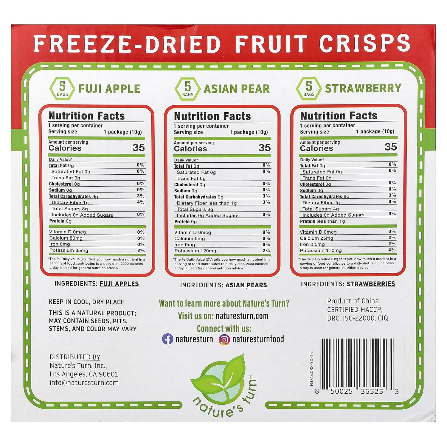 three flavors in the variety pack: strawberry, apple, and pear (5 bags each)
