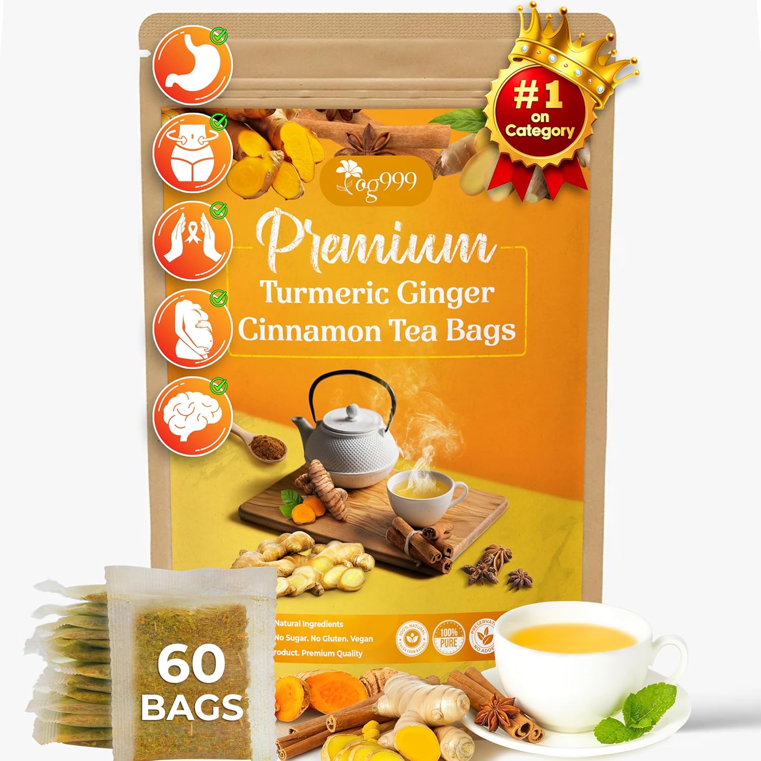 three-ingredient natural blend: turmeric, ginger, and cinnamon (with extended line of moringa, ashwagandha, yerba mate, lavender, chamomile, soursop, ginseng, and more)