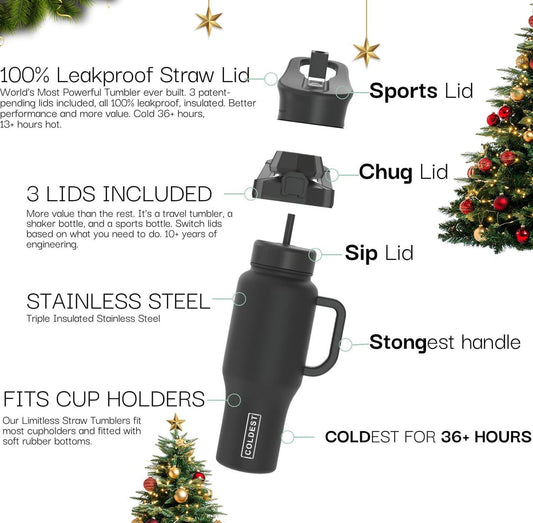 three interchangeable lids: insulated v1 sip lid, flip top v3, and chug/blendinator for thick drinks