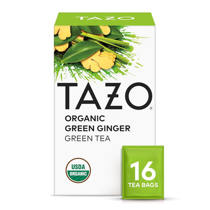 three pack-size variants: 16-bag trial pack, 96-bag bulk green ginger, and 120-bag peachy green