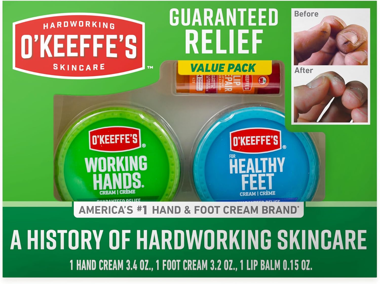 three-piece set: 3.4 oz working hands jar, 3.2 oz healthy feet jar, and lip repair stick with cherry and vitamin e