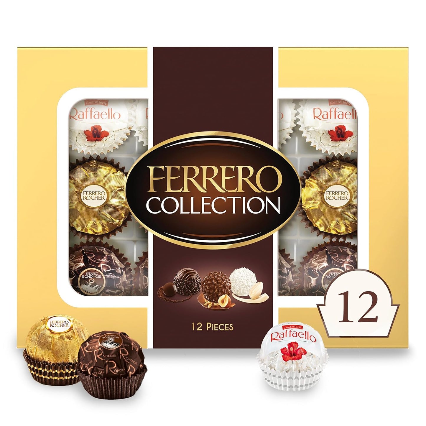 three premium confection varieties: ferrero rocher (hazelnut), raffaello (coconut almond), and rondnoir (dark chocolate)