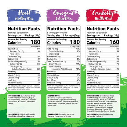 three proprietary blends: cranberry health mix, heart healthy mix, and omega-3 deluxe mix