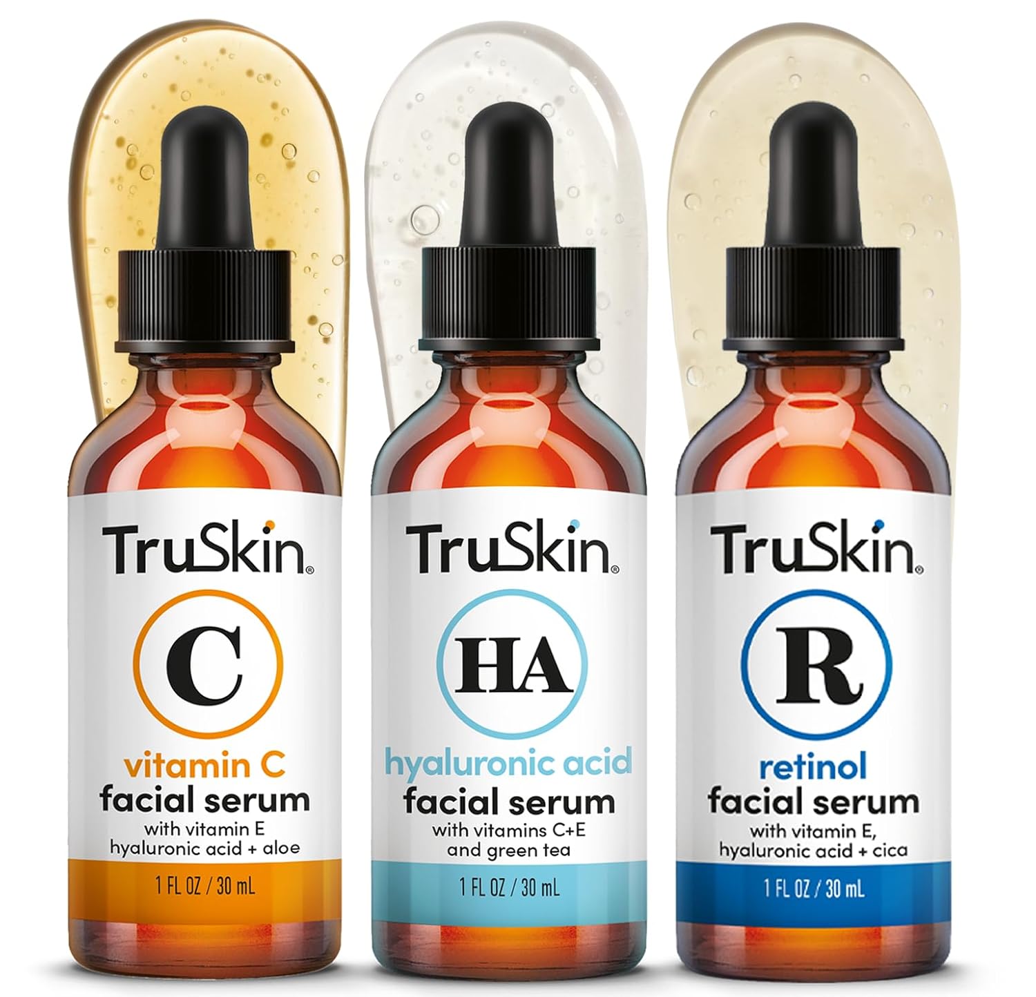 three-serum trio: vitamin c (am), retinol (pm), hyaluronic acid (all-day)