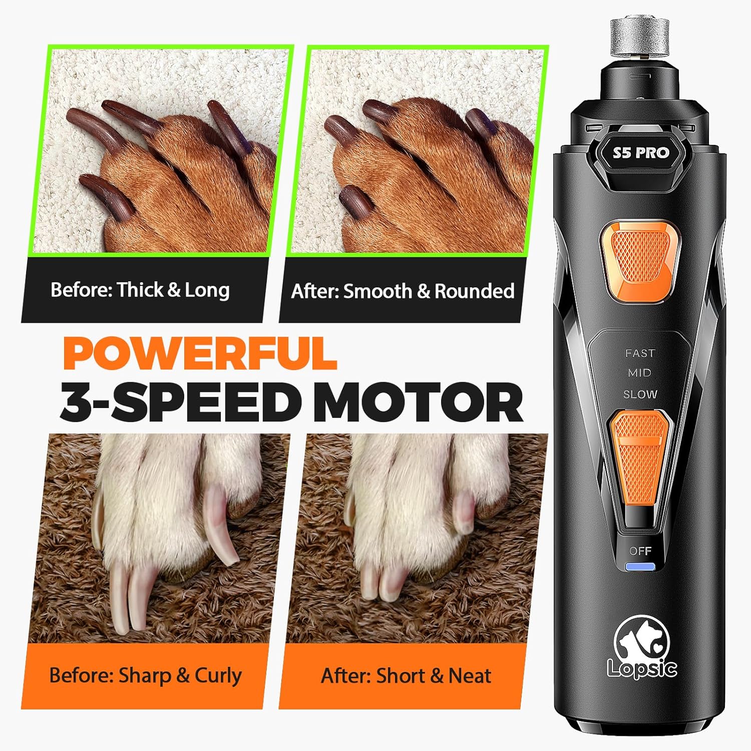 three-speed motor up to 12,000 rpm adjustable for small pets and large dogs