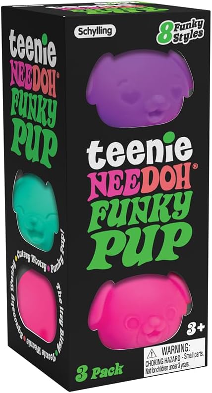 three teenie funky pup squeeze toys per pack in assorted neon colors (teal, purple, pink, orange)
