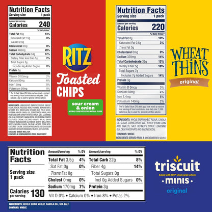 three varieties included: 14 triscuit minis, 14 wheat thins original, 12 ritz toasted chips sour cream and onion