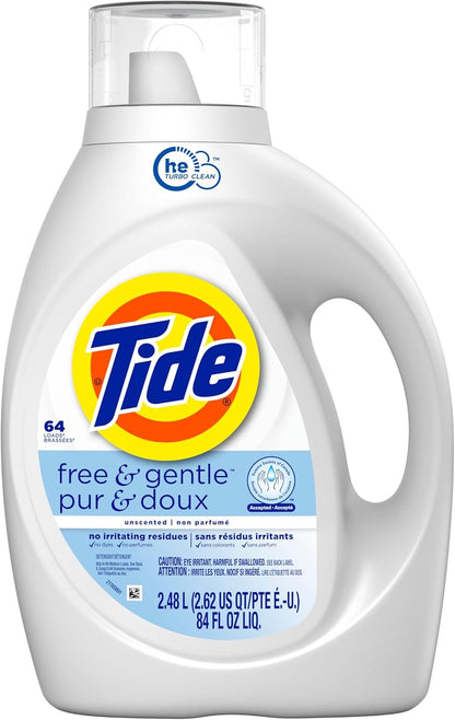 Tide Free and Gentle Liquid Laundry Detergent – Fragrance-Free Care for Sensitive Skin Wellness Routines, 64 Load Bottle