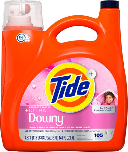 Tide Plus Downy April Fresh Liquid Laundry Detergent – Family-Safe 105-Load Bulk Bottle for Kids' Clothes, Nursery Laundry, and Playroom Wash