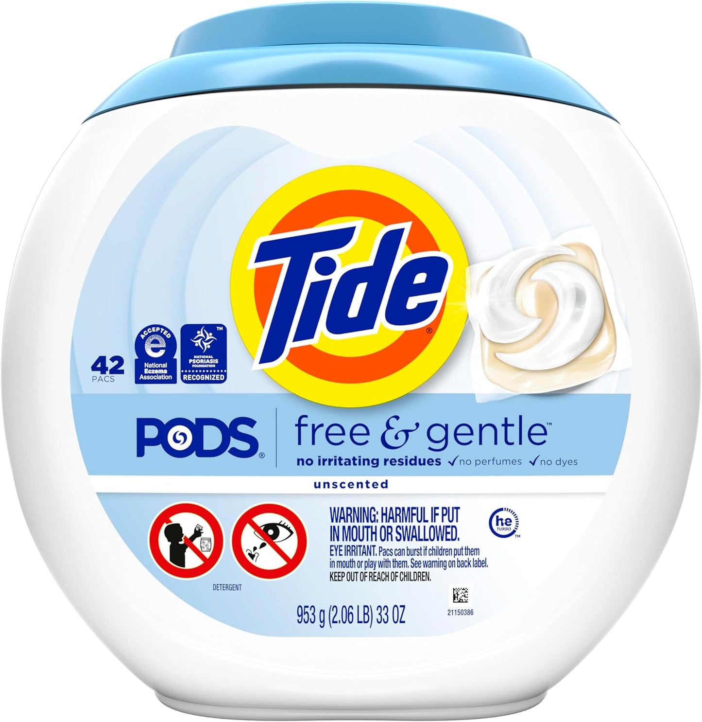 Tide Pods Free & Gentle Laundry Pacs for Sensitive Skin and Eczema-Prone Adults, Hypoallergenic Detergent