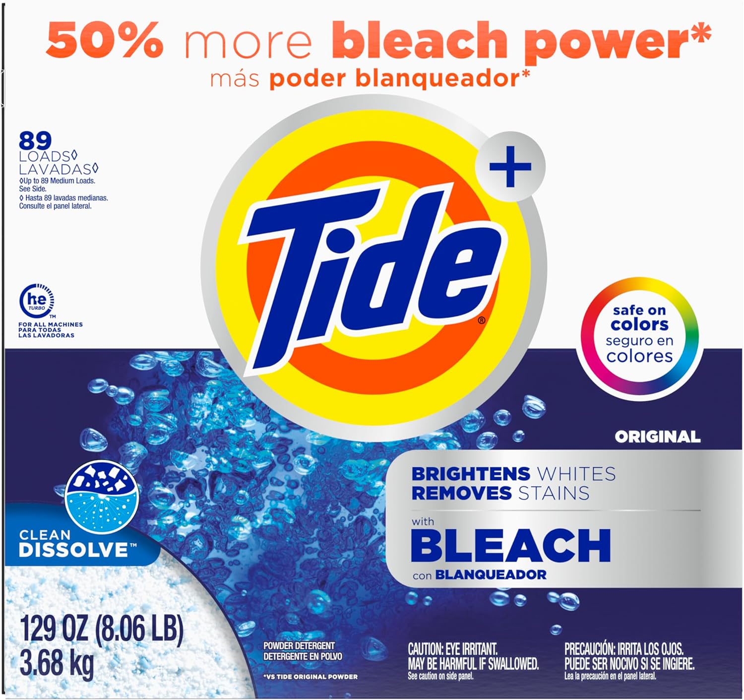 Tide Powder Laundry Detergent with Bleach, Original Scent, 129 oz - Child-Safe Bulk Laundry for Family Homes