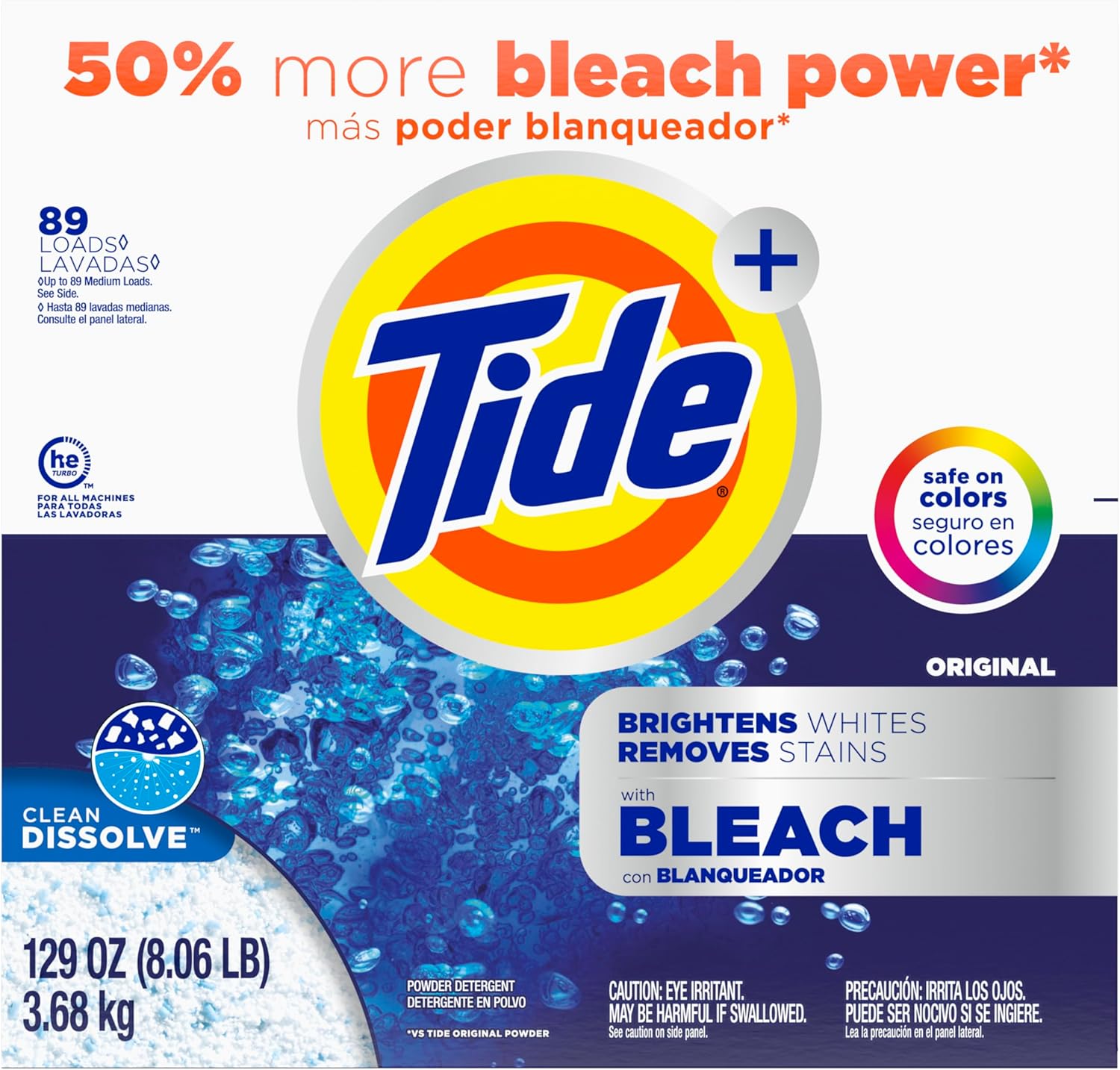 Tide Powder Laundry Detergent with Bleach, Original Scent, 129 oz - Child-Safe Bulk Laundry for Family Homes