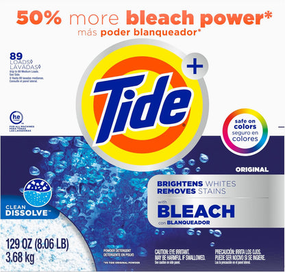 Tide Powder Laundry Detergent with Bleach, Original Scent, 89 Loads - Family Laundry Detergent for Kids' Clothes and Nursery