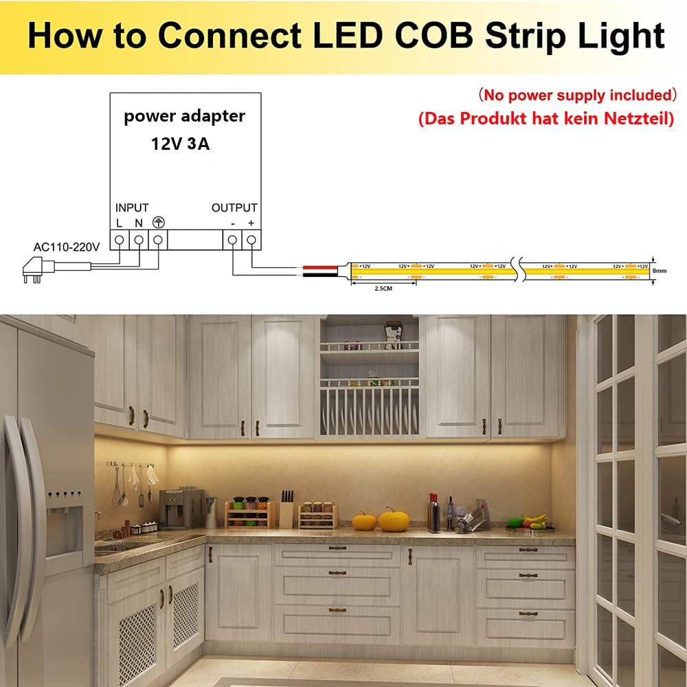 TOPAI 12V LED Strip Light for Hobbyist Installers, 480LEDs/M Dotless Strip with Adhesive Backing for Cabinet and Workbench Task Lighting