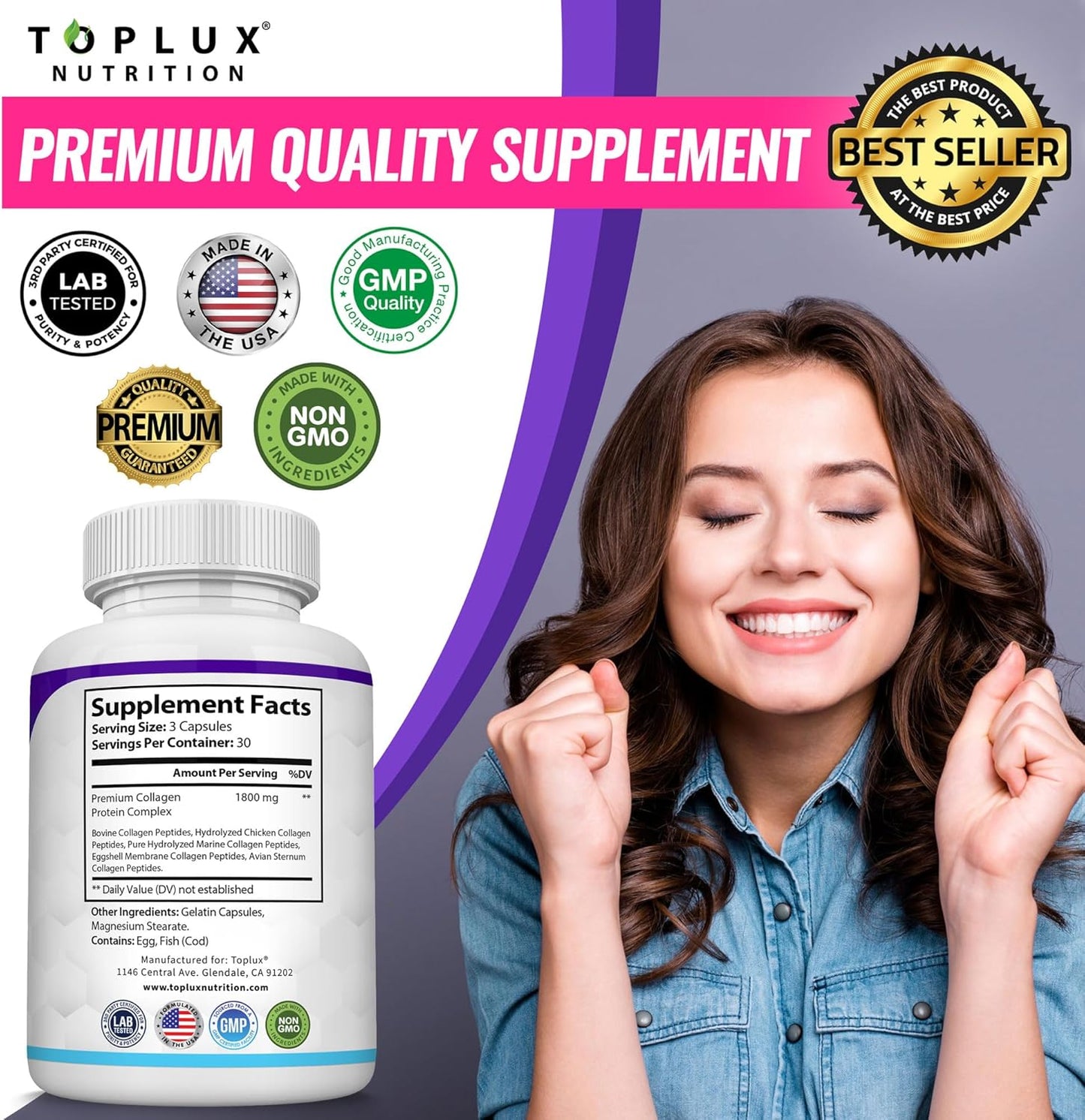 Toplux Multi Collagen Peptides Pills – Nightly Self-Care Ritual for Women, Anti-Aging Beauty Supplement