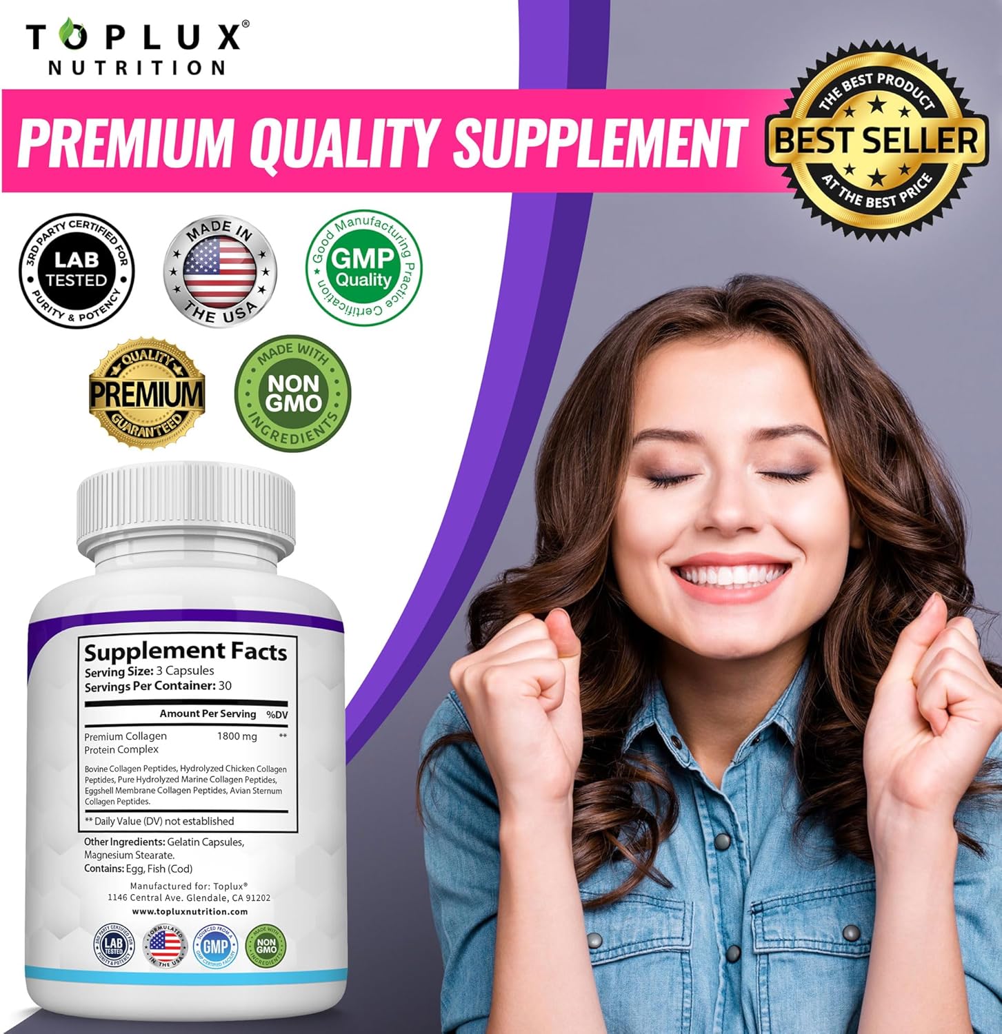 Toplux Multi Collagen Peptides Pills – Nightly Self-Care Ritual for Women, Anti-Aging Beauty Supplement