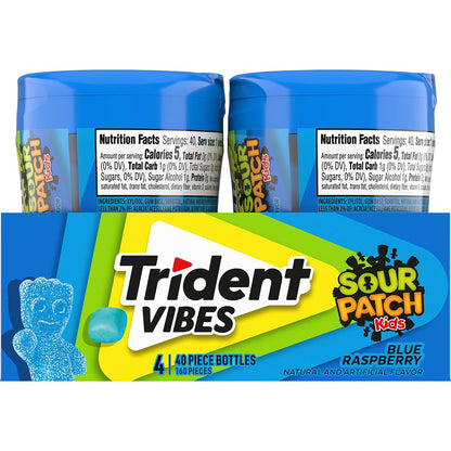 Trident Vibes SOUR PATCH KIDS Blue Raspberry Sugar-Free Gum – Lunchbox Treat for School Kids, 4-Bottle Value Pack of 160 Pieces
