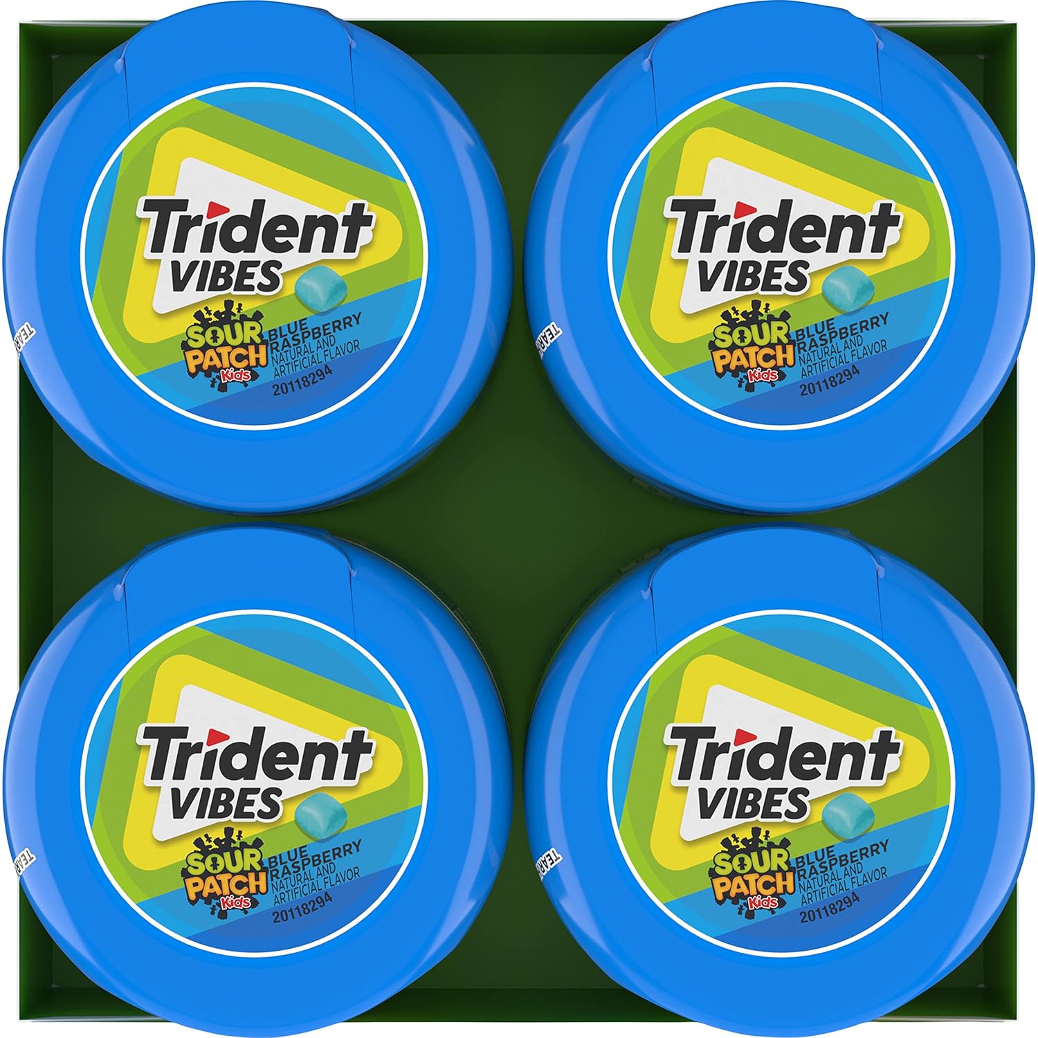 Trident Vibes SOUR PATCH KIDS Blue Raspberry Sugar-Free Gum – Lunchbox Treat for School Kids, 4-Bottle Value Pack of 160 Pieces