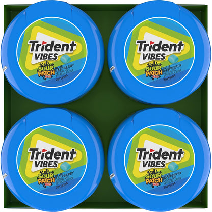 Trident Vibes SOUR PATCH KIDS Blue Raspberry Sugar-Free Gum – Lunchbox Treat for School Kids, 4-Bottle Value Pack of 160 Pieces
