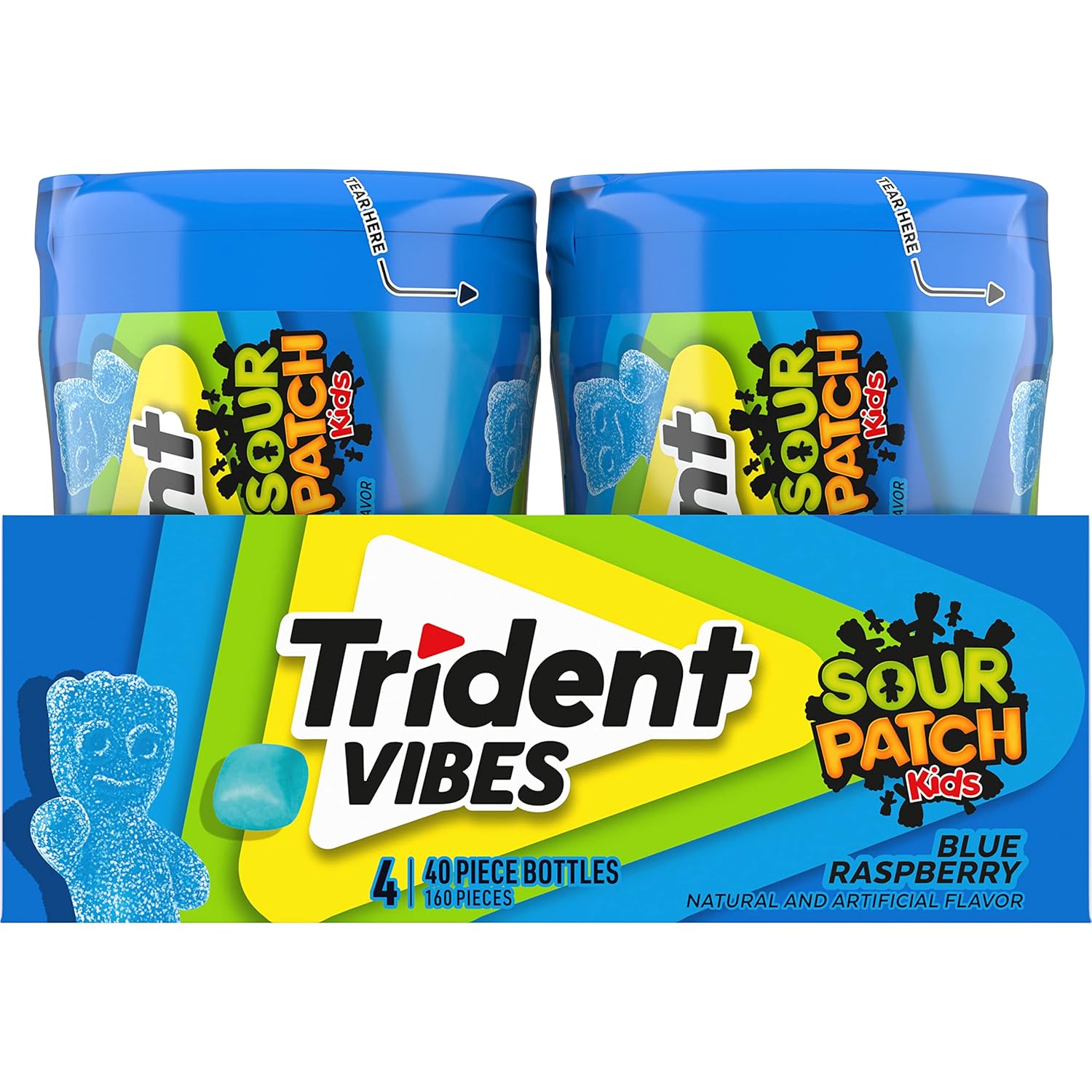 Trident Vibes SOUR PATCH KIDS Blue Raspberry Sugar-Free Gum – Lunchbox Treat for School Kids, 4-Bottle Value Pack of 160 Pieces