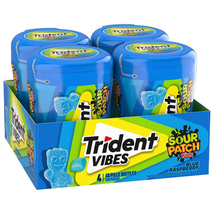 Trident Vibes SOUR PATCH KIDS Blue Raspberry Sugar-Free Gum – Lunchbox Treat for School Kids, 4-Bottle Value Pack of 160 Pieces