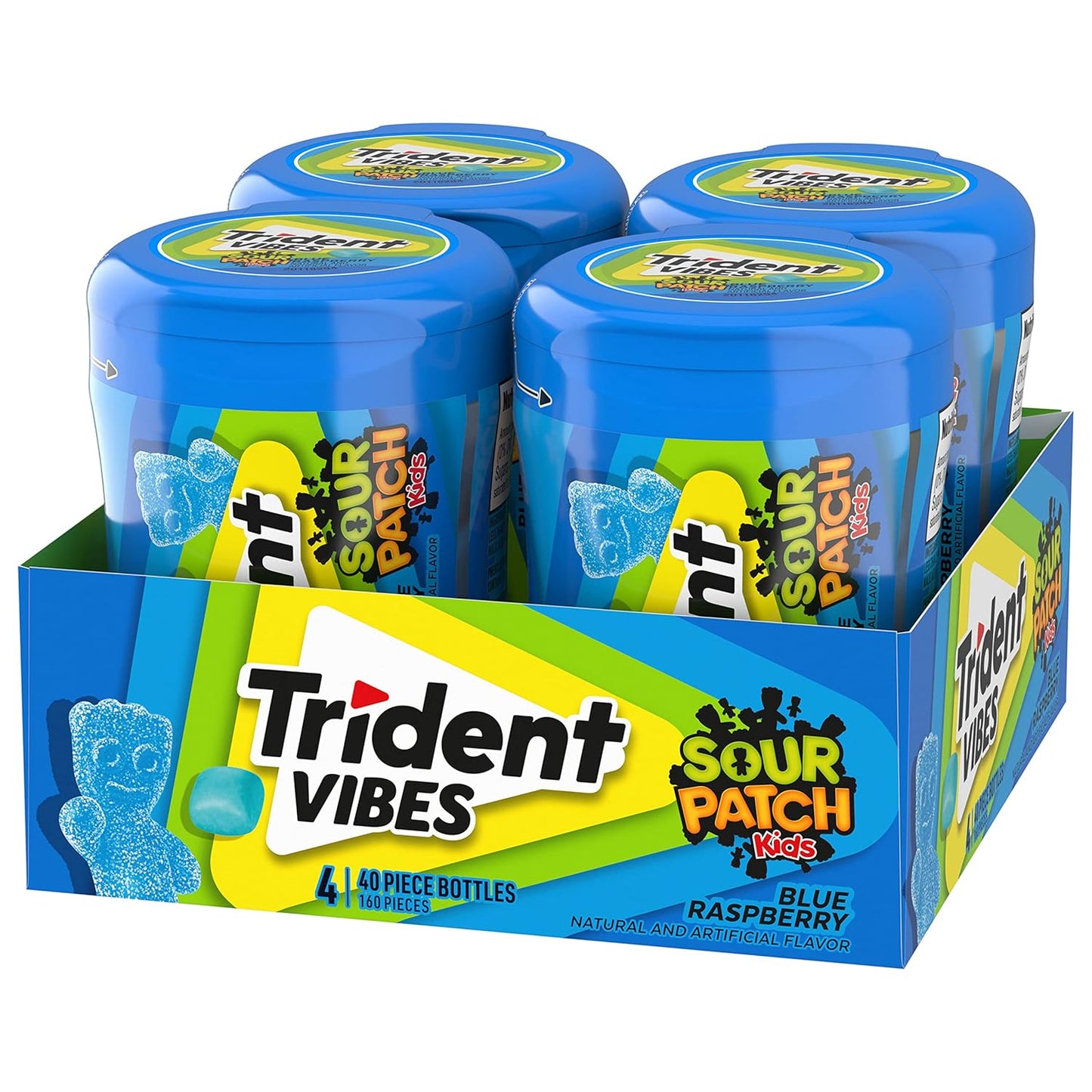 Trident Vibes SOUR PATCH KIDS Blue Raspberry Sugar-Free Gum – Lunchbox Treat for School Kids, 4-Bottle Value Pack of 160 Pieces