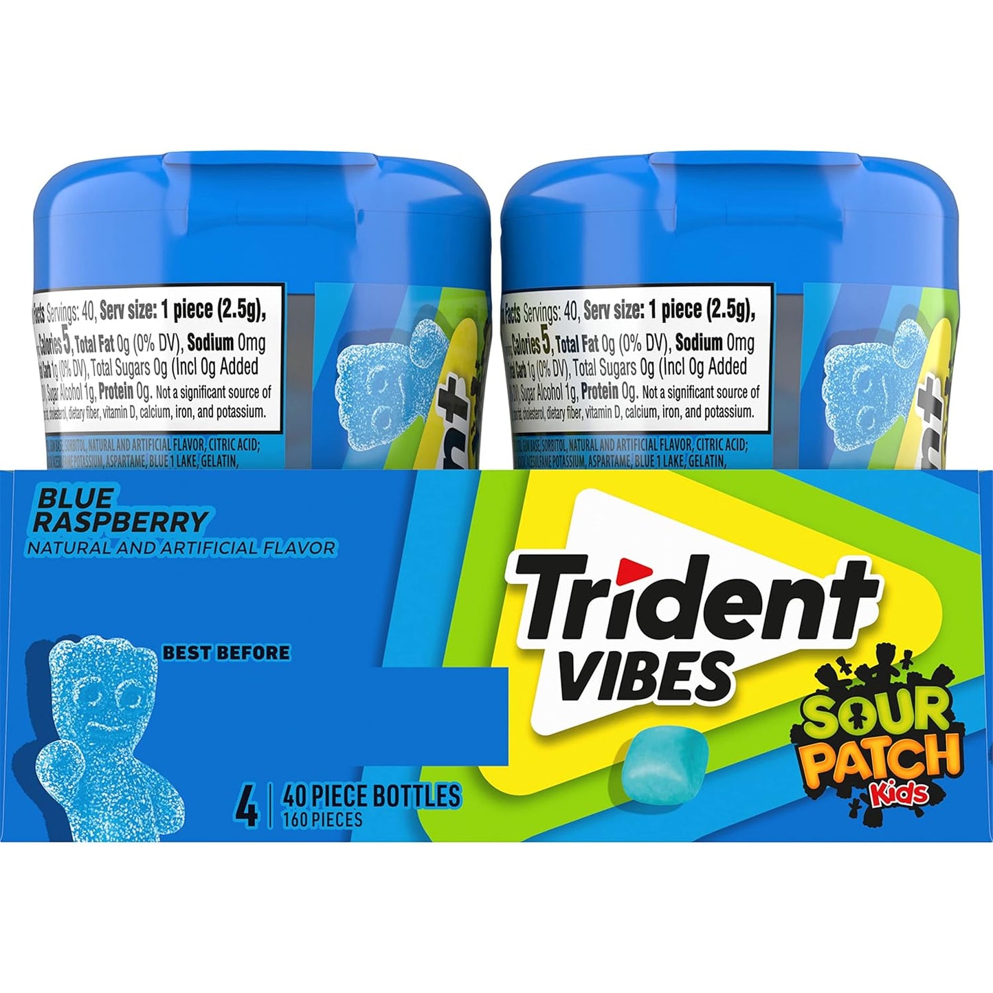 Trident Vibes SOUR PATCH KIDS Blue Raspberry Sugar-Free Gum – Lunchbox Treat for School Kids, 4-Bottle Value Pack of 160 Pieces