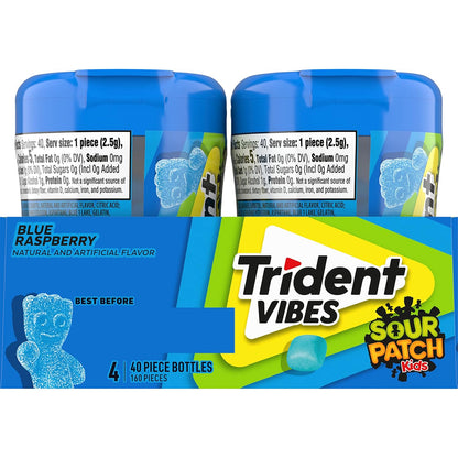 Trident Vibes SOUR PATCH KIDS Blue Raspberry Sugar-Free Gum – Lunchbox Treat for School Kids, 4-Bottle Value Pack of 160 Pieces